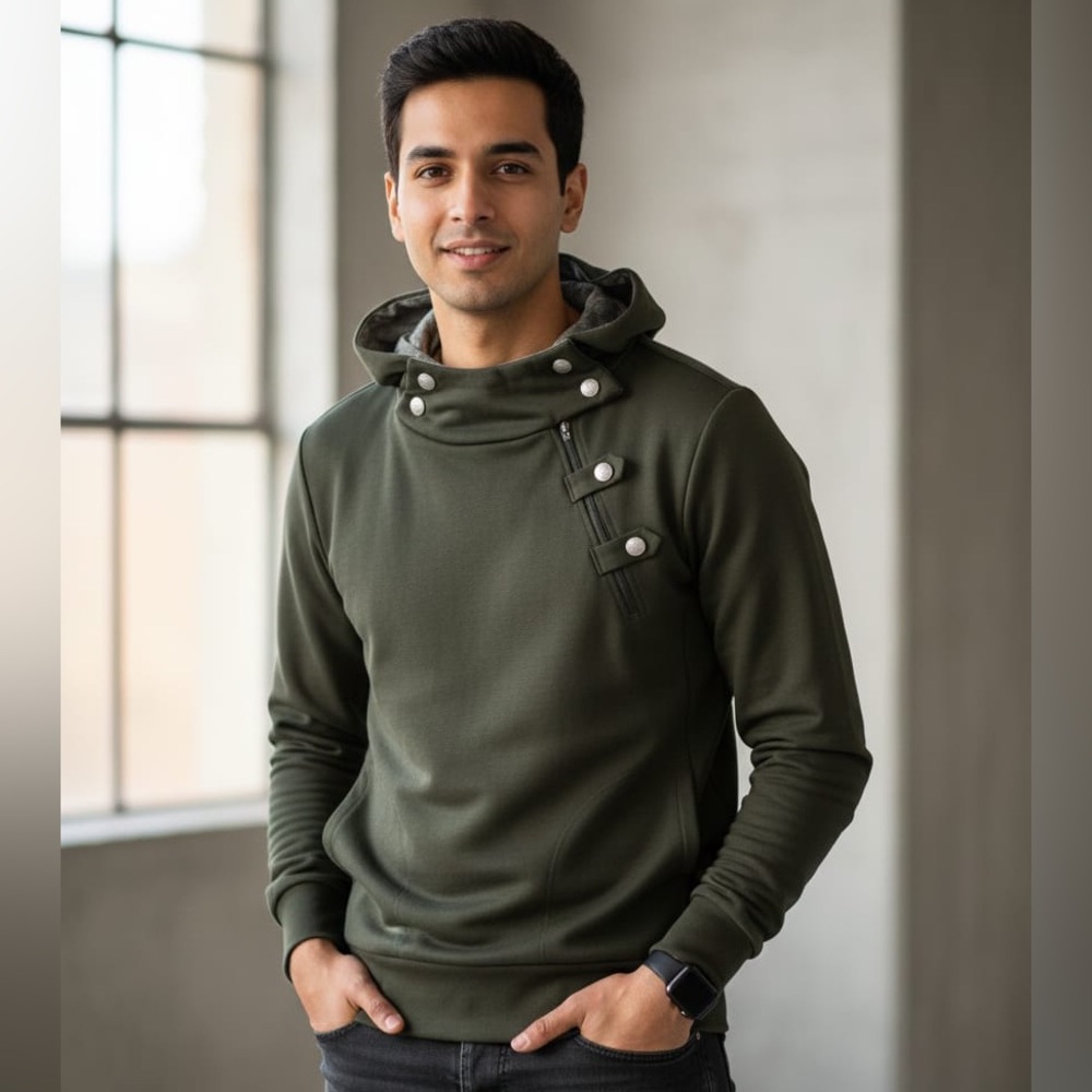 Men's Dark Green Buttoned Hoodie